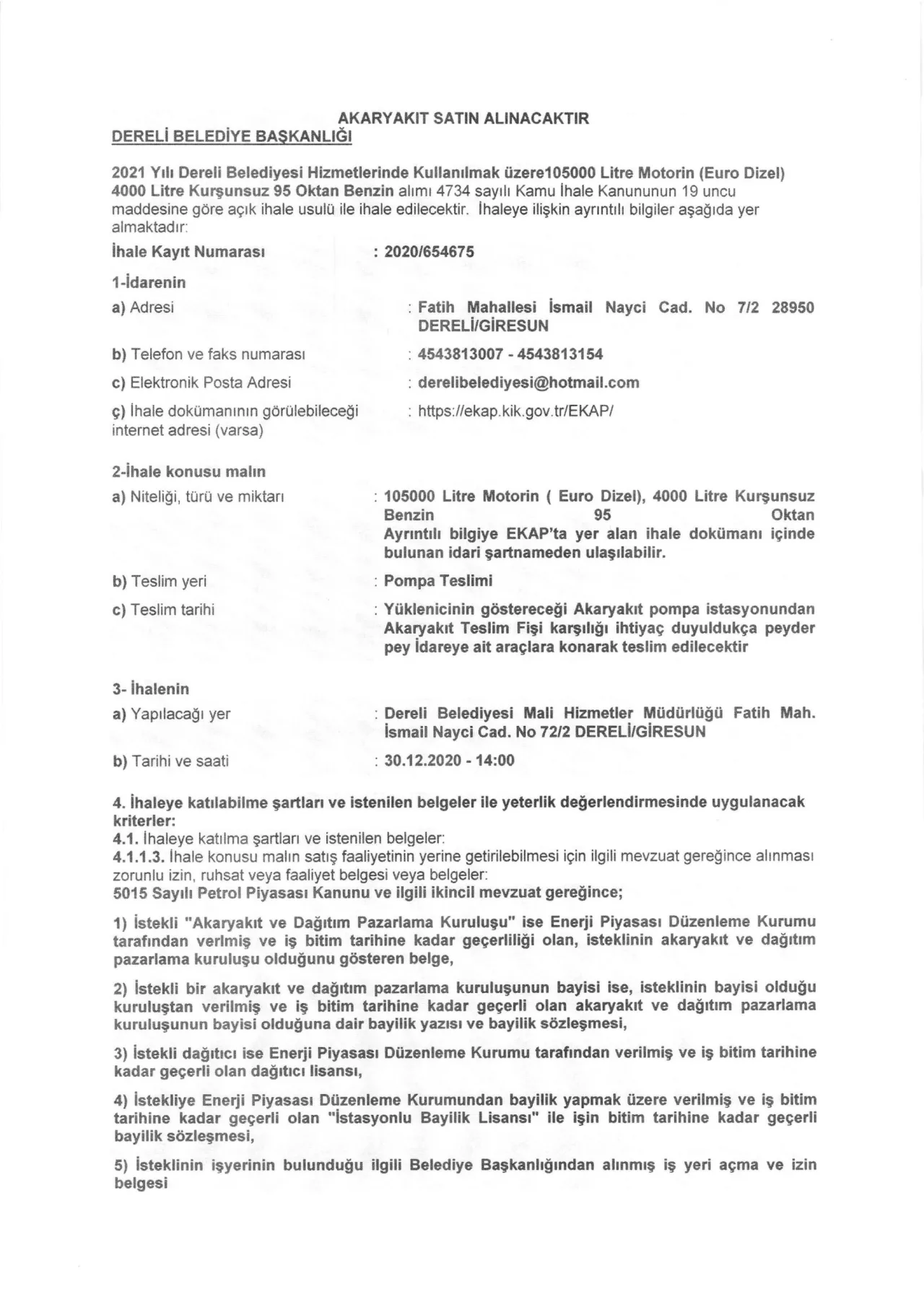 AKARYAKIT SATIN ALINMASI İHALE İLANI
