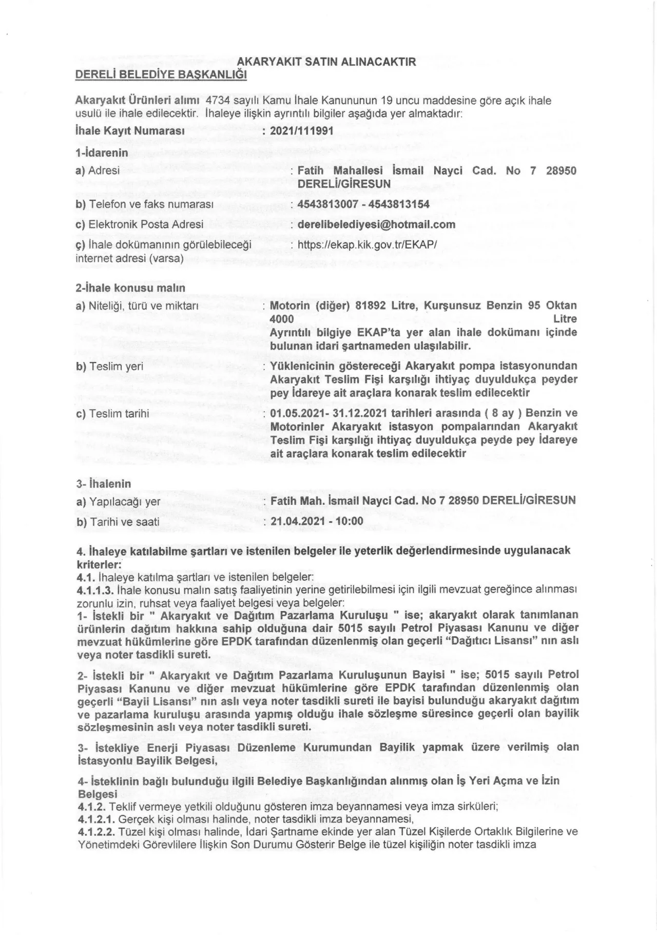 Akaryakıt Satın Alınması İhale İlanı