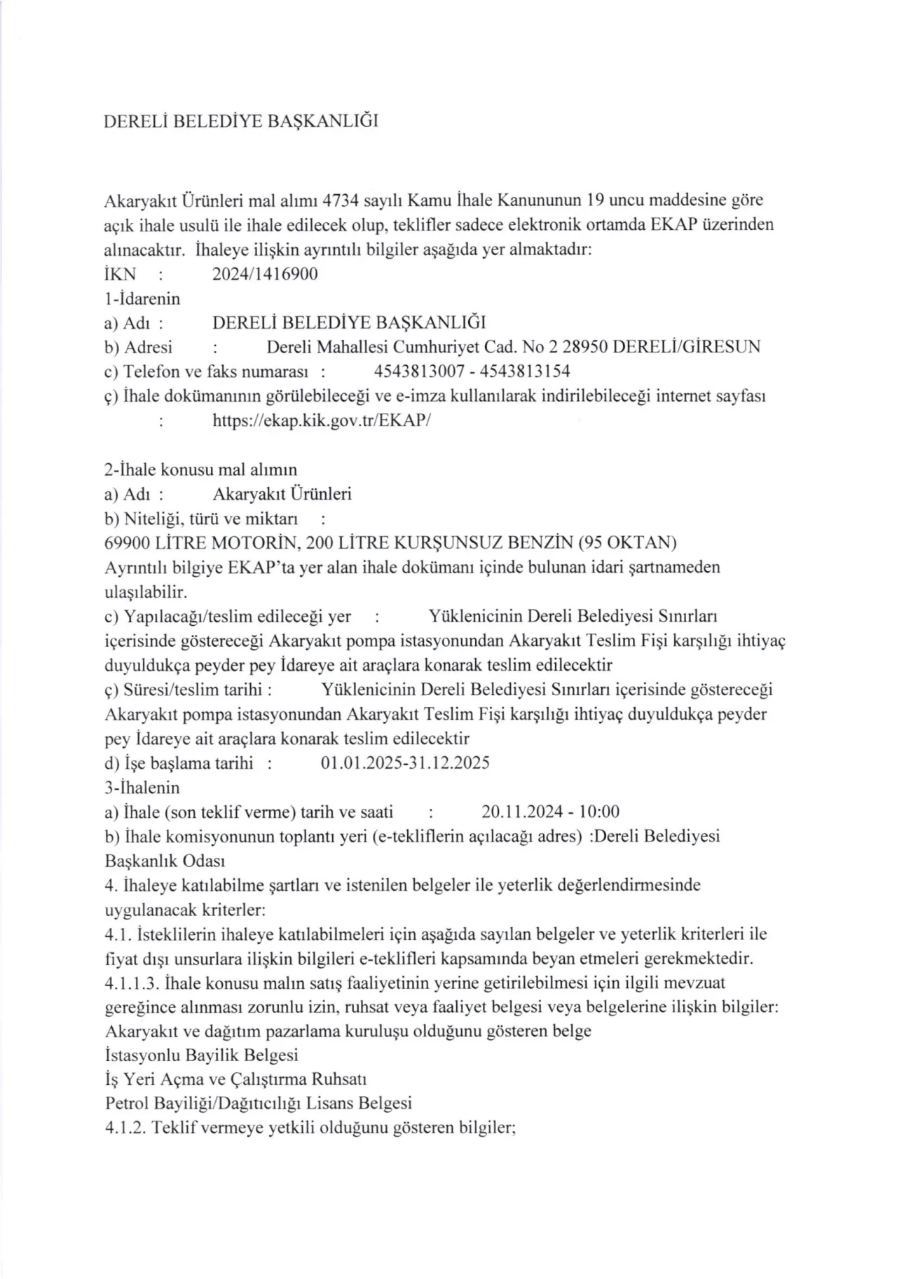 Dereli Belediyesi Akaryakıt Ürünleri Alım İlanı
