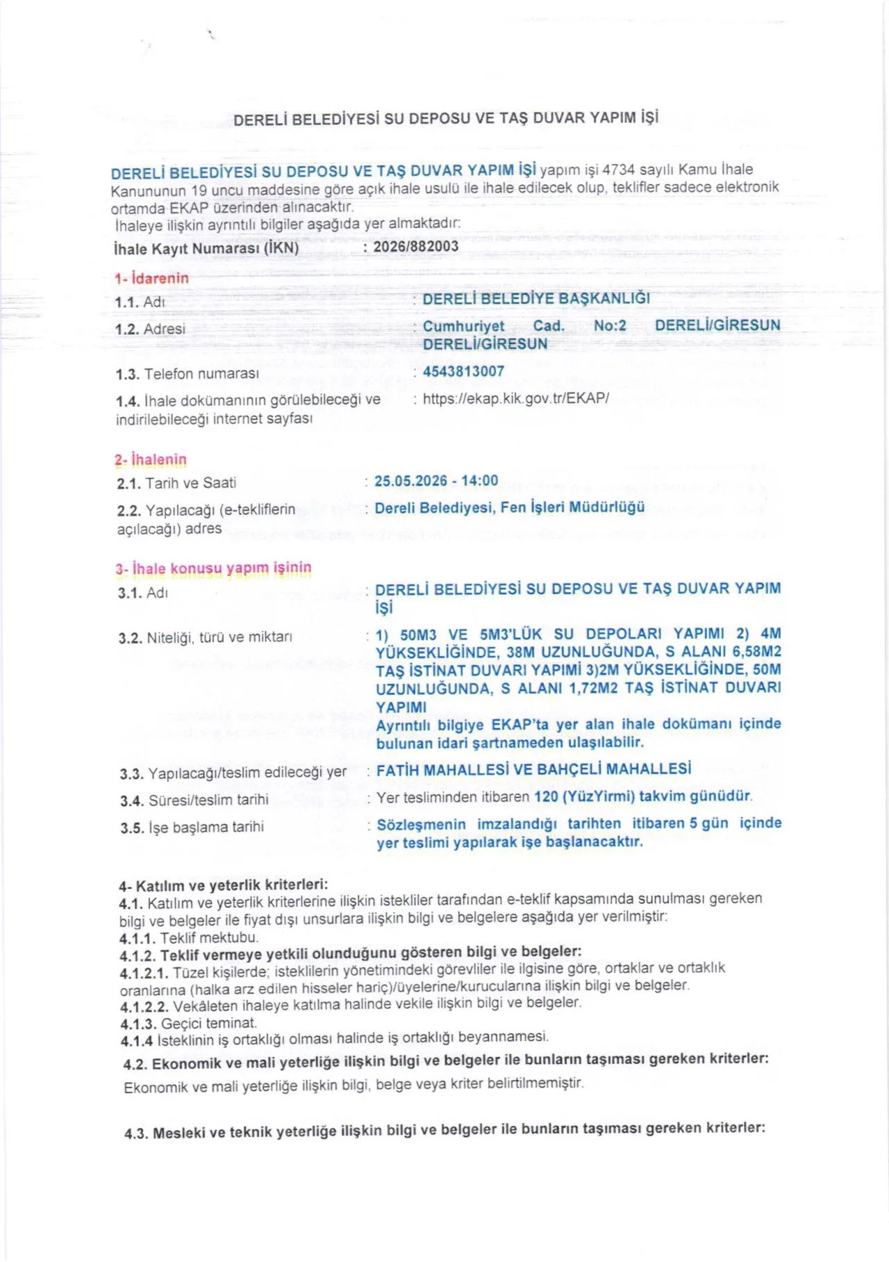 Dereli Belediyesi Su Deposu ve Taş Duvar Yapım İşi İhale İlanı